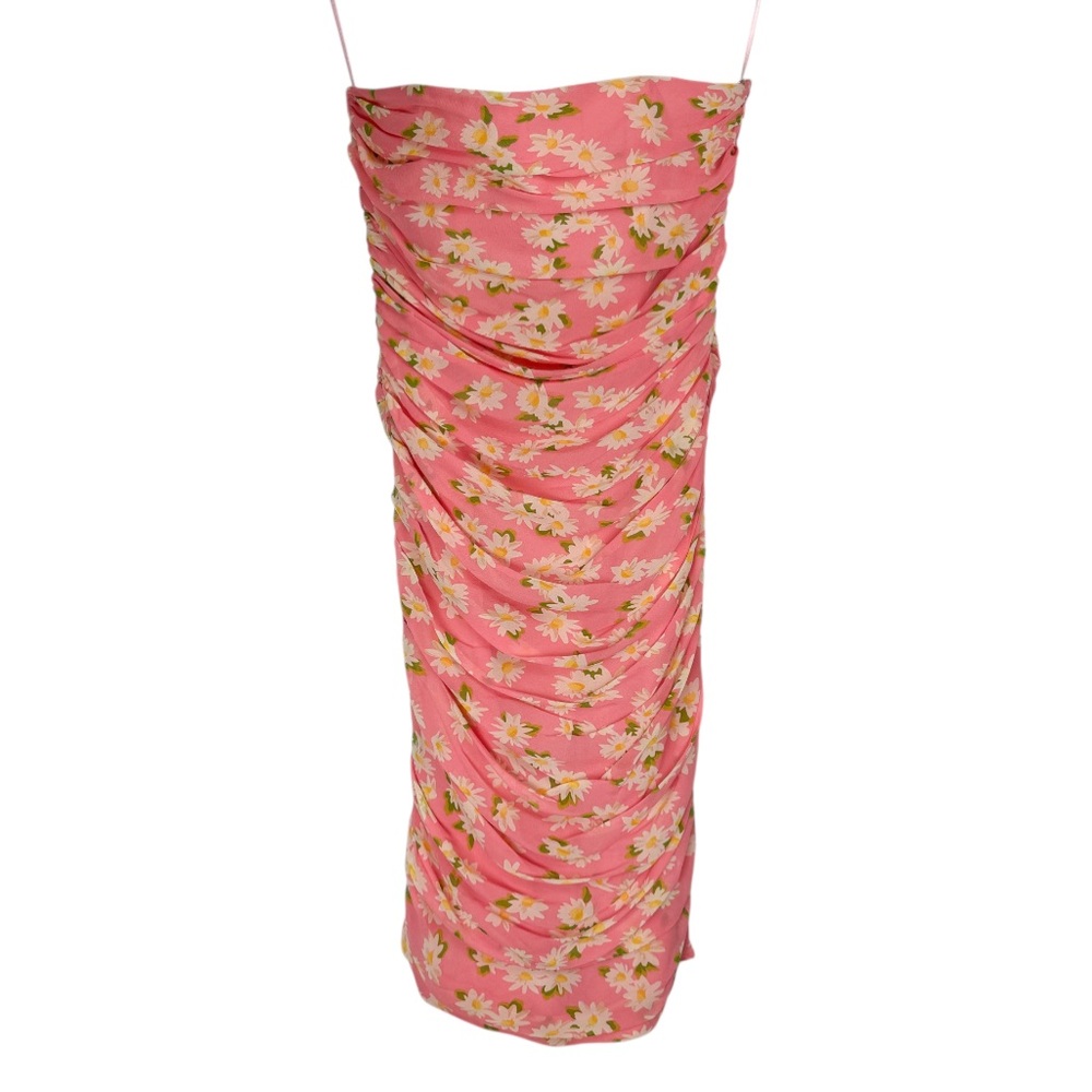 Moschino Floral Daisy Print Strapless Dress Sz 8 Pink Ruched Bodycon